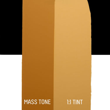 PETIT Échantillon de Acrylique Liquitex Bio-based Heavy, Jaune Oxydemontrant la teinte pure (mass tone) de le couleuer et mélangé à parts égales avec du blanc (1:1 tint)