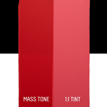 PETIT Échantillon de Acrylique Liquitex Bio-based Heavy, Rouge Moyen sans Cadmiummontrant la teinte pure (mass tone) de le couleuer et mélangé à parts égales avec du blanc (1:1 tint)