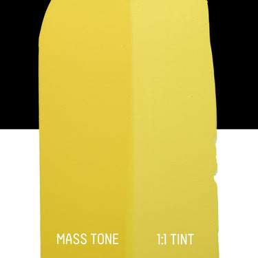 PETIT Échantillon de Acrylique Liquitex Bio-based Heavy, Jaune Clair sans Cadmiummontrant la teinte pure (mass tone) de le couleuer et mélangé à parts égales avec du blanc (1:1 tint)