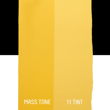 PETIT Échantillon de Acrylique Liquitex Bio-based Heavy, Jaune Moyen sans Cadmiummontrant la teinte pure (mass tone) de le couleuer et mélangé à parts égales avec du blanc (1:1 tint)