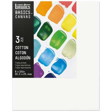 Gros plan du coffret Liquitex Basics Lot 3 châssis coton 20,3x25,4cm sur fond blanc