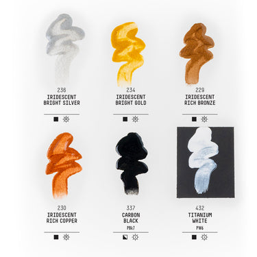 Liquitex Encres Acylique - Coffret Iridescents. Palette de couleurs de 6 couleurs dans la boîte avec leur nom, numéro, code pigment et symboles d'opacité et de résistance à la lumière