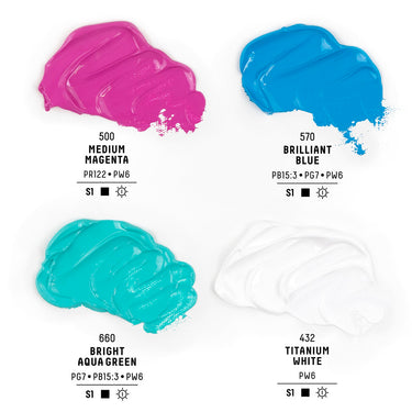 LIQUITEX Acrylique Bio-Based Heavy Body - Coffret Exploration. Palette de couleurs de 4 couleurs dans la boîte avec leur nom, numéro, code pigment et symboles d'opacité et de résistance à la lumière