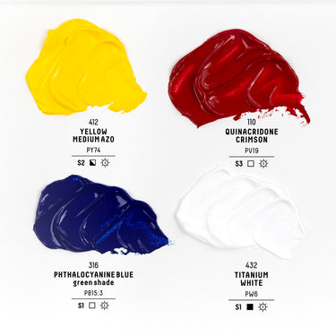 LIQUITEX Acrylique Bio-Based Heavy Body - Coffret Mélanges. Palette de couleurs de 4 couleurs dans la boîte avec leur nom, numéro, code pigment et symboles d'opacité et de résistance à la lumière