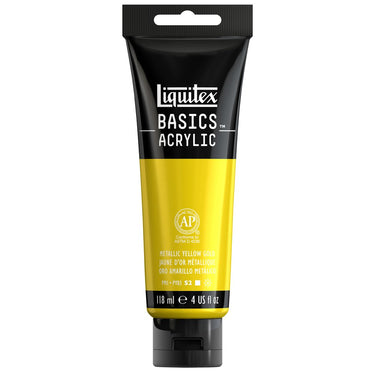 Peinture acrylique Liquitex BASICS, Jaune D'Or Metallique 118ML (produit en gros plan sur fond blanc)