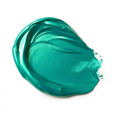 Échantillon mélange de peinture acrylique métallisée vert aqua  appliqué à la spatule sur fond blanc