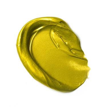 Échantillon mélange de peinture acrylique métallisée or jaune  appliqué à la spatule sur fond blanc