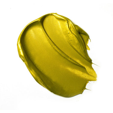 Échantillon mélange de peinture acrylique métallisée or jaune  appliqué à la spatule sur fond blanc