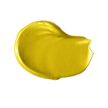 Échantillon mélange de peinture acrylique métallisée or jaune  appliqué à la spatule sur fond blanc