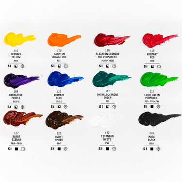 Coffret Acrylique Basics - 12x22ml. Palette de couleurs de 12 couleurs dans la boîte avec leur nom, numéro, code pigment et symboles d'opacité et de résistance à la lumière