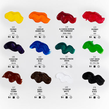 Coffret Acrylique Basics - 12x118 ml. Palette de couleurs de 12 couleurs dans la boîte avec leur nom, numéro, code pigment et symboles d'opacité et de résistance à la lumière