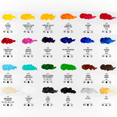 Coffret Acrylique Basics - 24x22ml. Palette de couleurs de 24 couleurs dans la boîte avec leur nom, numéro, code pigment et symboles d'opacité et de résistance à la lumière