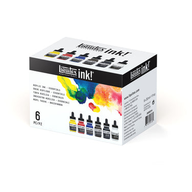 gros plan de la boîte Coffret Encres Acrylique - 6x30ml - Essentiels prise sous un angle