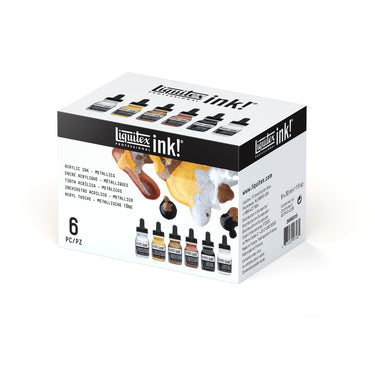 gros plan de la boîte Coffret Encres Acrylique - 6x30ml - Iridescents prise sous un angle