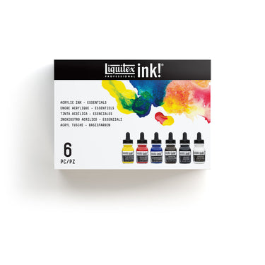 Gros plan du coffret Liquitex Encres Acrylique - 6x30ml - Essentiels sur fond blanc