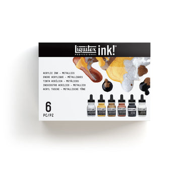 Gros plan du coffret Liquitex Encres Acrylique - 6x30ml - Iridescents sur fond blanc