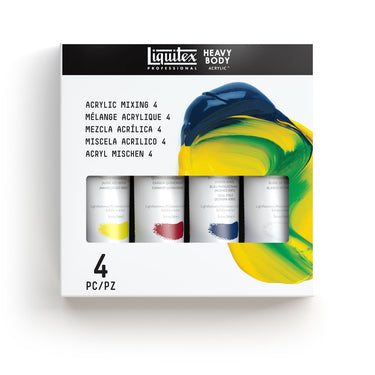 Gros plan du coffret Liquitex Acrylique Heavy Body - 4x59ml - Mélanges sur fond blanc