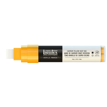 Gros plan d'un marqueur acrylique Liquitex 15MM, sans capuchon, Jaune de Cadmium Foncé Imitation. Sur Fond Blanc.