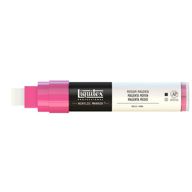 Gros plan d'un marqueur acrylique Liquitex 15MM, sans capuchon, Magenta Moyen. Sur Fond Blanc.