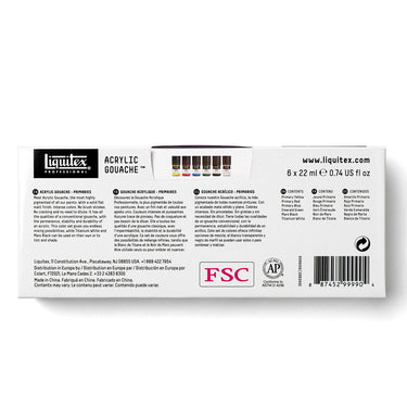 Coffret Acrylique Gouache - 6x22ml - Couleurs Primaires [dos de l'emballage]
