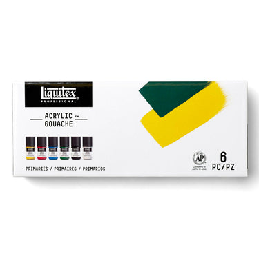 Gros plan du coffret Liquitex Acrylique Gouache - 6x22ml - Couleurs Primaires sur fond blanc