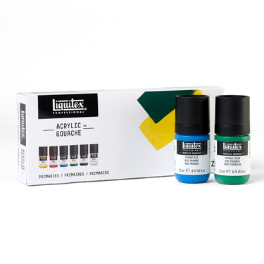 Coffret Acrylique Gouache, 6x22ml, Couleurs Primaires gros plan des produits sortis de la boîte à côté du coffret