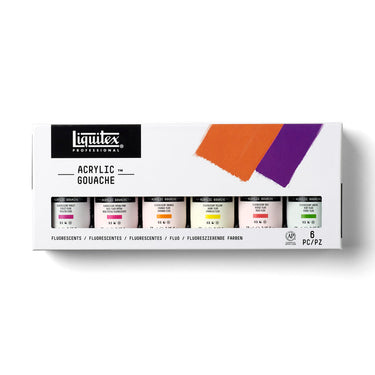 Gros plan du coffret Liquitex Acrylique Gouache - 6x59ml - Couleurs Fluorescentes sur fond blanc