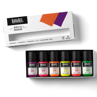 Coffret Acrylique Gouache - 6x59ml - Couleurs Fluorescentes disposés en 1 plateaux noirs, montrant les couleurs du coffret