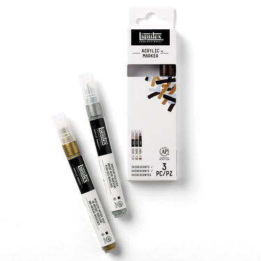 Coffret Acrylique Marquer, 3x2mm, Iridescents gros plan des produits sortis de la boîte à côté du coffret