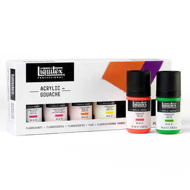 Coffret Acrylique Gouache, 6x59ml, Couleurs Fluorescentes gros plan des produits sortis de la boîte à côté du coffret