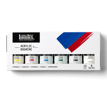 Gros plan du coffret Liquitex Acrylique Gouache - 6x59ml - Couleurs Primaires sur fond blanc