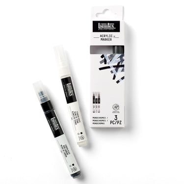 Coffret Acrylique Marquer, 3x2mm, Monochromes gros plan des produits sortis de la boîte à côté du coffret