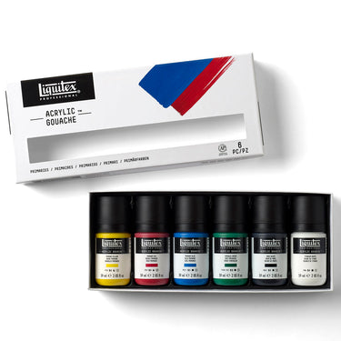 Coffret Acrylique Gouache - 6x59ml - Couleurs Primaires disposés en 1 plateaux noirs, montrant les couleurs du coffret