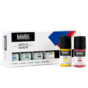 Coffret Acrylique Gouache, 6x59ml, Couleurs Primaires gros plan des produits sortis de la boîte à côté du coffret