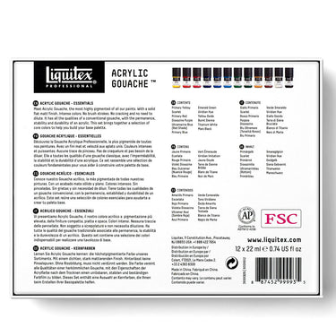 Coffret Acrylique Gouache - 12x22ml - Couleurs Essentielles [dos de l'emballage]