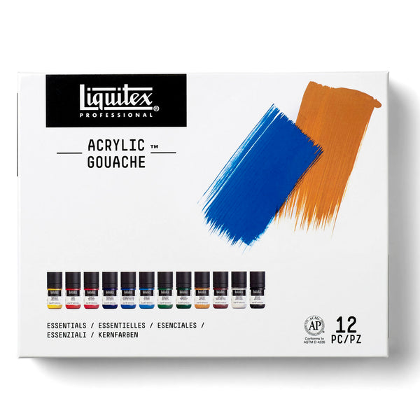 Gros plan du coffret Liquitex Acrylique Gouache - 12x22ml - Couleurs Essentielles sur fond blanc