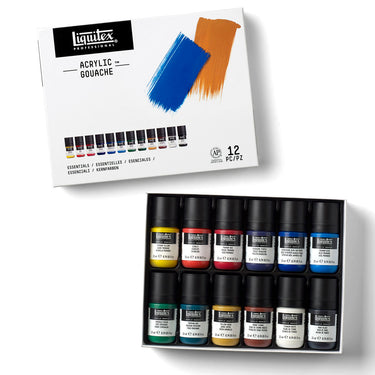 Coffret Acrylique Gouache - 12x22ml - Couleurs Essentielles disposés en 1 plateaux noirs, montrant les couleurs du coffret