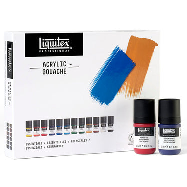 Coffret Acrylique Gouache, 12x22ml, Couleurs Essentielles gros plan des produits sortis de la boîte à côté du coffret