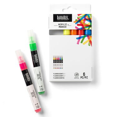 Coffret Acrylique Marquer, 6x2mm, Fluorescents gros plan des produits sortis de la boîte à côté du coffret