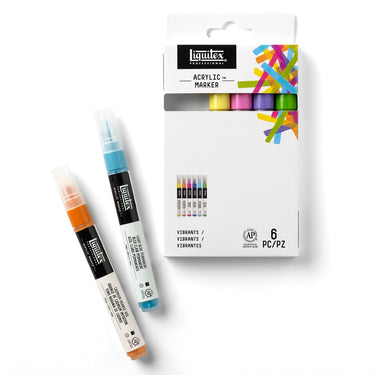 Coffret Acrylique Marquer, 6x2mm, Vibrants gros plan des produits sortis de la boîte à côté du coffret