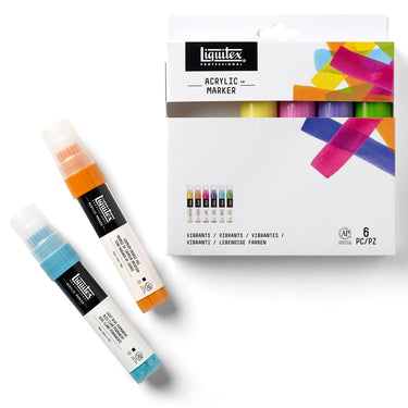Coffret Acrylique Marquer, 6x15mm, Vibrants gros plan des produits sortis de la boîte à côté du coffret