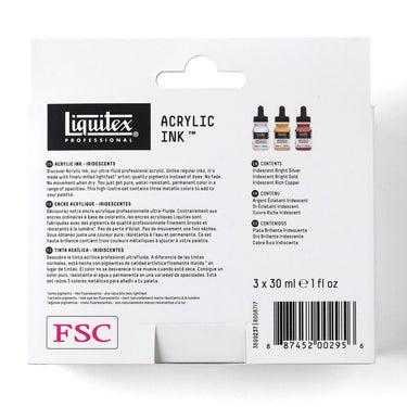 Coffret Liquitex encres Acrylique - 3x30ml - Iridescents [dos de l'emballage]