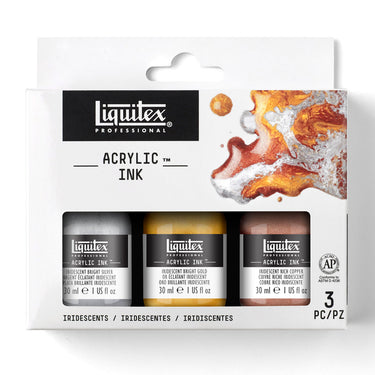 Gros plan du coffret Liquitex Encres Acrylique - 3x30ml - Iridescents sur fond blanc