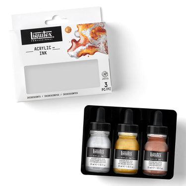 Coffret encres Acrylique - 3x30ml - Iridescents disposés en 1 plateaux noirs, montrant les couleurs du coffret