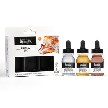 Coffret encres Acrylique, 3x30ml, Iridescents gros plan des produits sortis de la boîte à côté du coffret