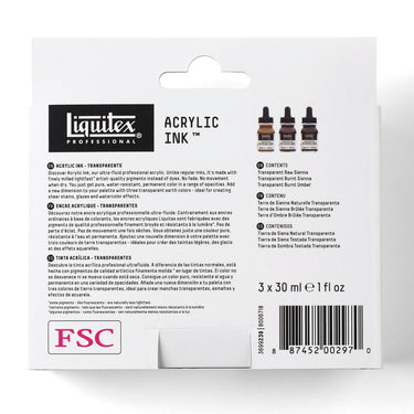 Coffret Liquitex encres Acrylique - 3x30ml - Transparents [dos de l'emballage]