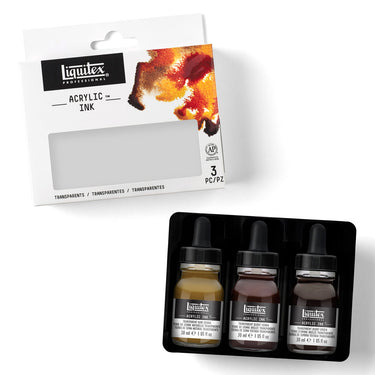 Coffret encres Acrylique - 3x30ml - Transparents disposés en 1 plateaux noirs, montrant les couleurs du coffret