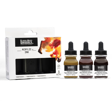 Coffret encres Acrylique, 3x30ml, Transparents gros plan des produits sortis de la boîte à côté du coffret