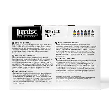 Coffret Liquitex encres Acrylique - 6x30ml - Essentiels [dos de l'emballage]