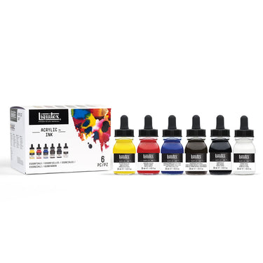 Coffret Encres Acrylique, 6x30ml, Essentiels gros plan des produits sortis de la boîte à côté du coffret